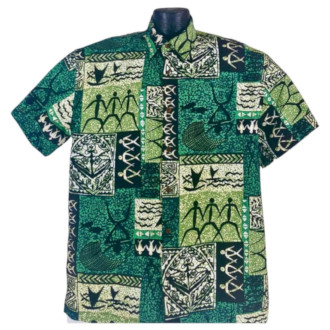Hawaiian Petroglyphs bark cloth aloha shirt- Made in USA